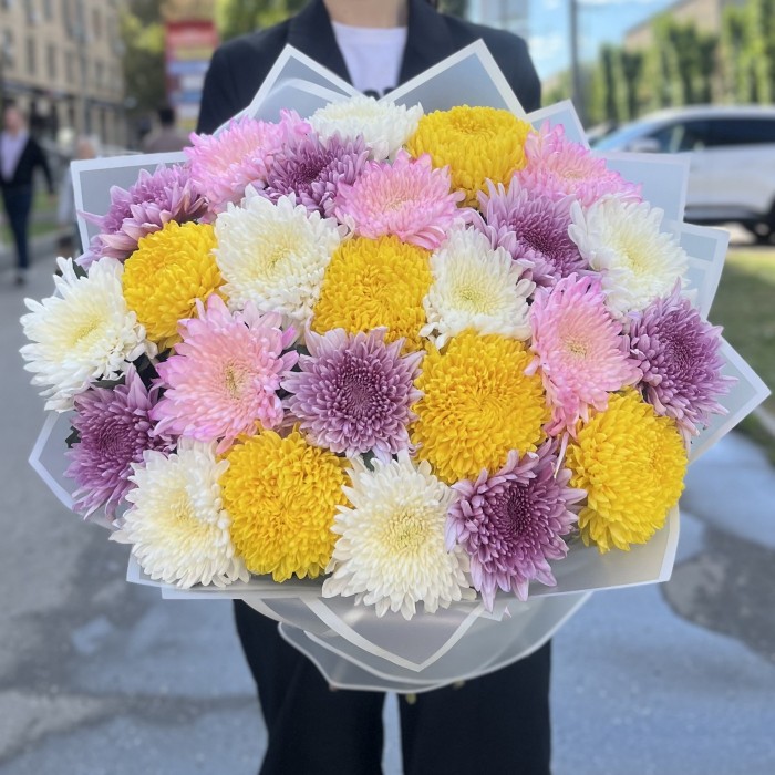 25 хризантем микс в упаковке
