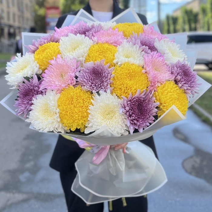 25 хризантем микс в упаковке
