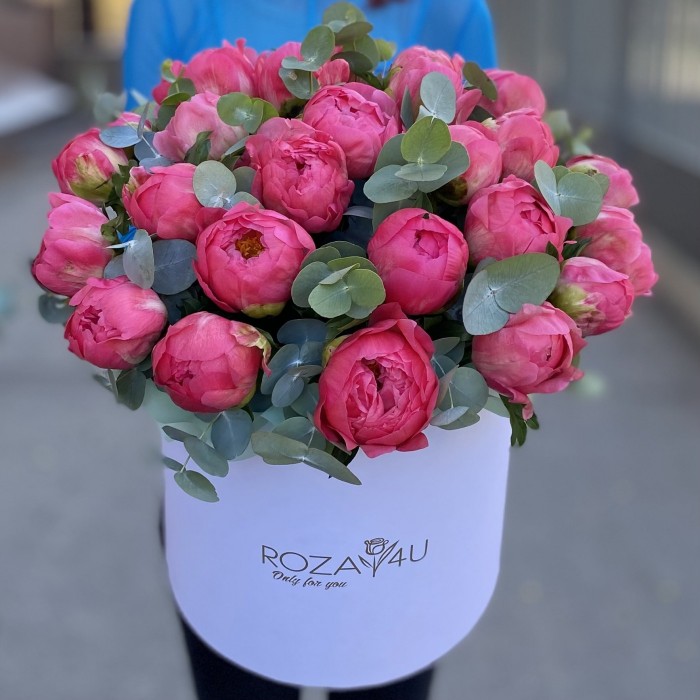25 коралловых пионов с эвкалиптом в коробке