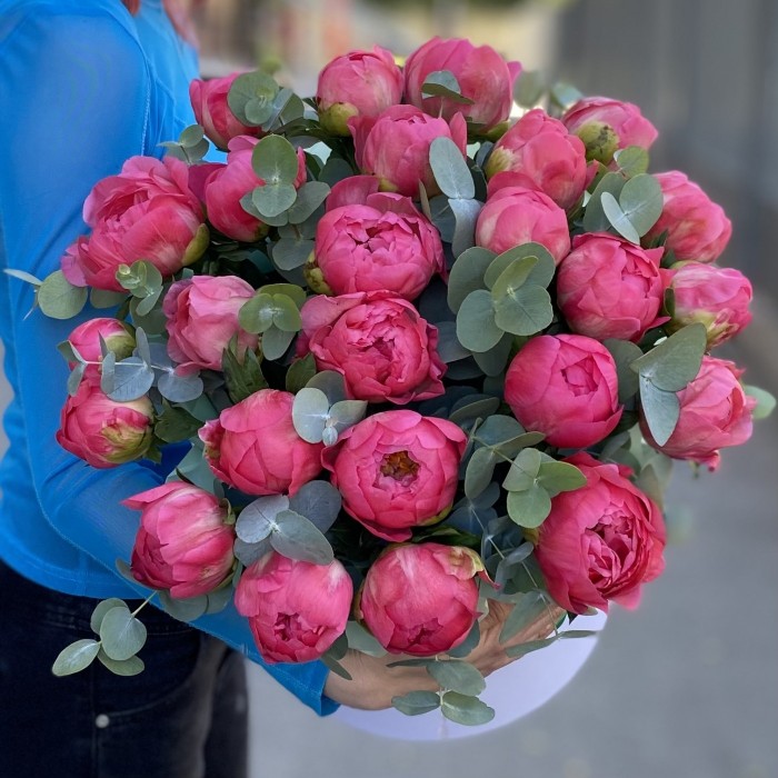 25 коралловых пионов с эвкалиптом в коробке