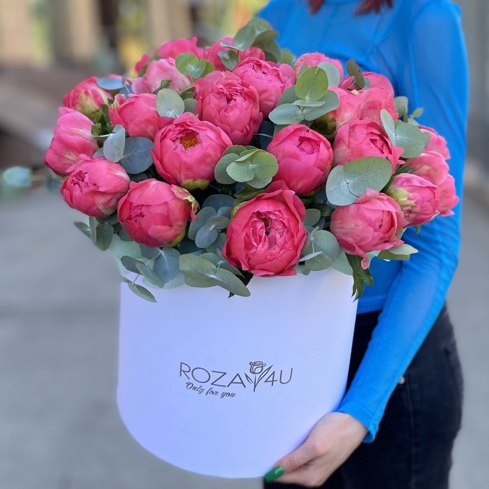 25 коралловых пионов с эвкалиптом в коробке