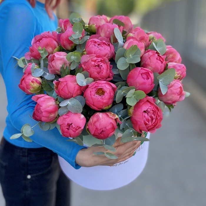 25 коралловых пионов с эвкалиптом в коробке
