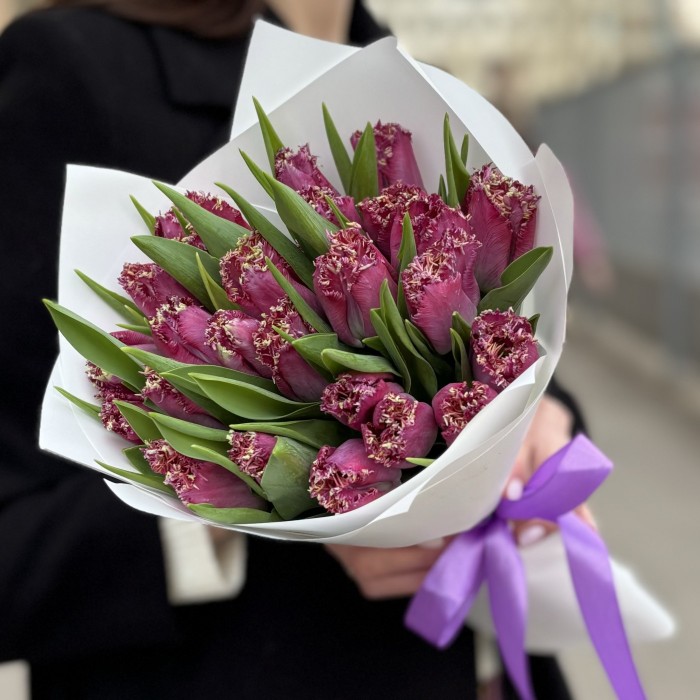25 махровых темно-розовых тюльпанов в упаковке