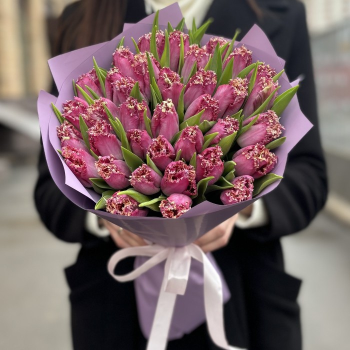 35 махровых темно-розовых тюльпанов в упаковке