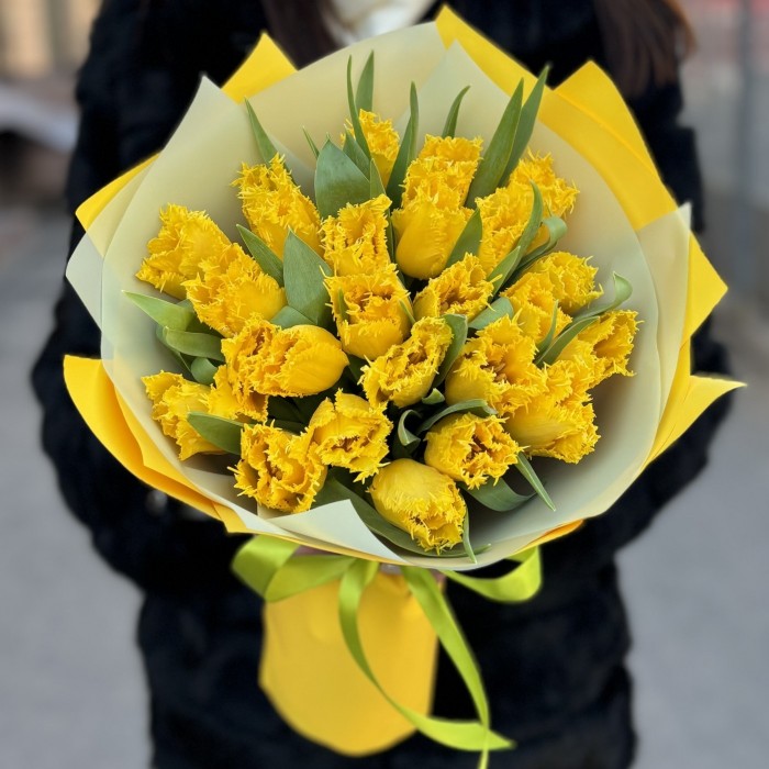 25 махровых желтых тюльпанов