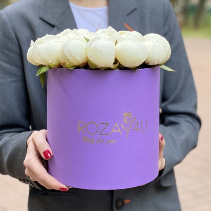 25 пионов Белый Лебедь в коробке