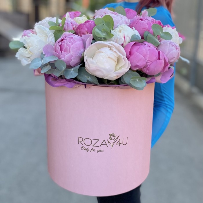 25 пионов Нежный микс в коробке