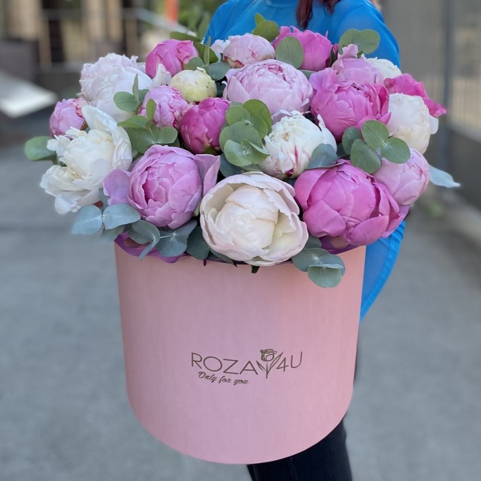 25 пионов Нежный микс в коробке