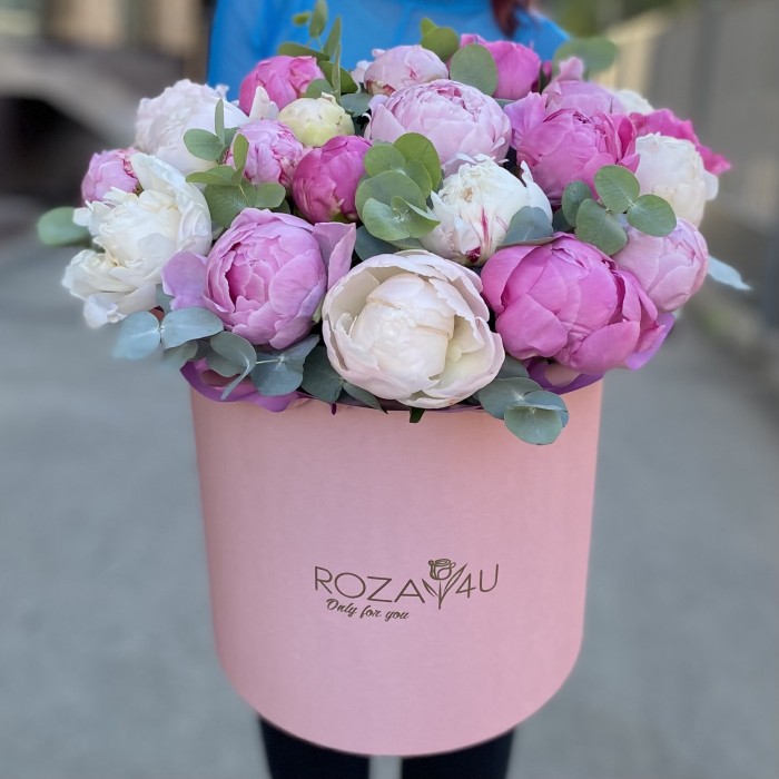 25 пионов Нежный микс в коробке