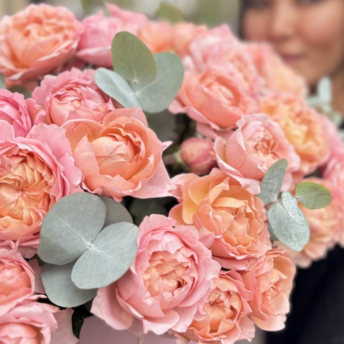 25 пионовидных кустовых роз Джульетта в коробке