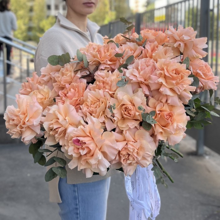 25 пышных абрикосовых роз Принцес Краун с эвкалиптом