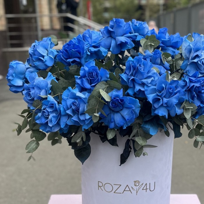 25 пышных голубых роз с эвкалиптом в коробке