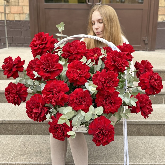 25 пышных красных роз Хартс в корзине