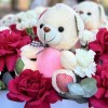25 пышных малиновых роз и гвоздики с мишками в коробке
