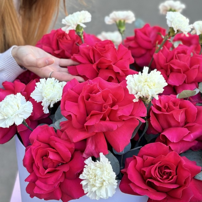 25 пышных малиновых роз с гвоздикой в коробке