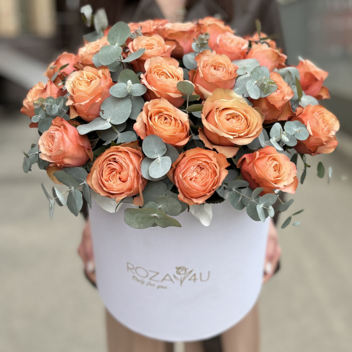 25 персиковых роз Кахала в коробке