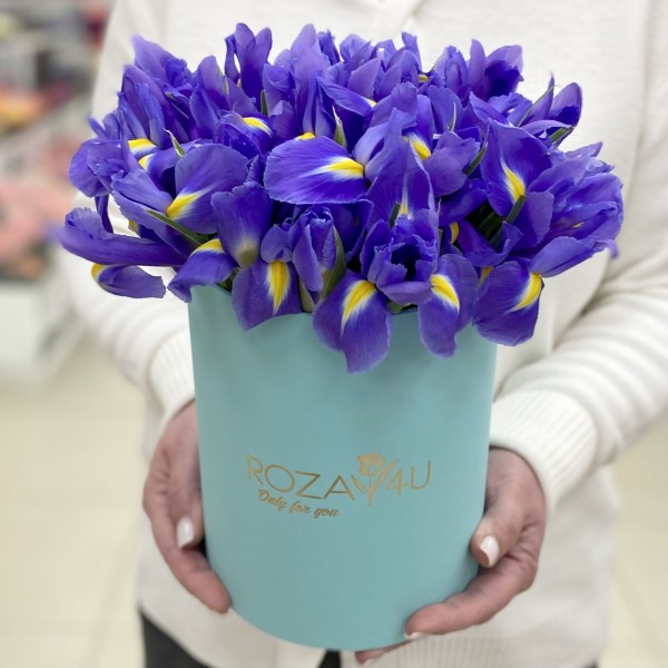 25 синих ирисов в коробке