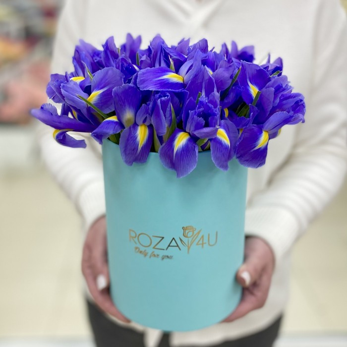 25 синих ирисов в коробке