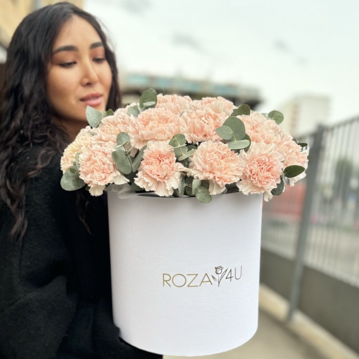 25 светло-розовых гвоздик с эвкалиптом в коробке