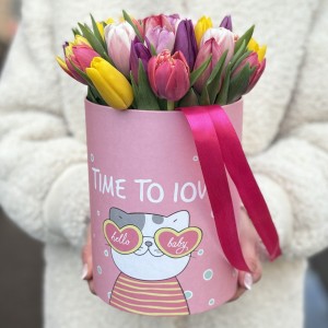 25 ярких тюльпанов в коробке с котиком