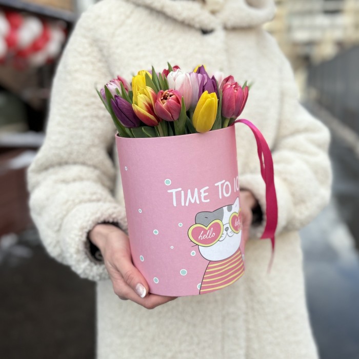 25 ярких тюльпанов в коробке с котиком