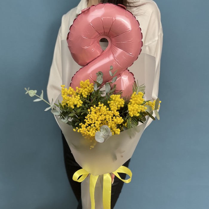Букет мимозы на 8 марта с шаром