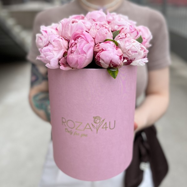 15 нежно-розовых пионов Сара Бернар в коробке
