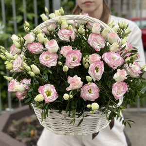 25 махровых бело-розовых эустом в корзине