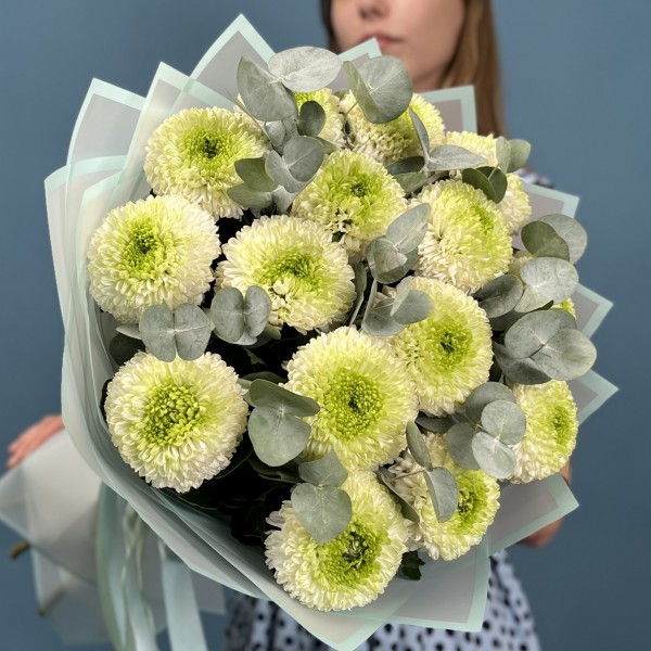 15 бело-зеленых хризантем помпон с эвкалиптом