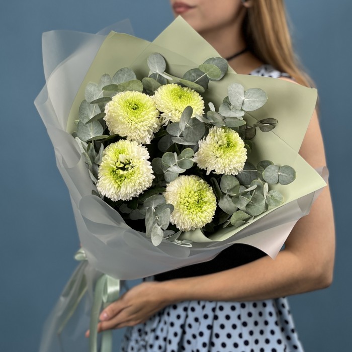 5 бело-зеленых хризантем помпон с эвкалиптом