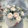 9 пышных ранункулюсов с генистой в бархатной коробке
