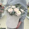 9 пышных ранункулюсов с генистой в бархатной коробке