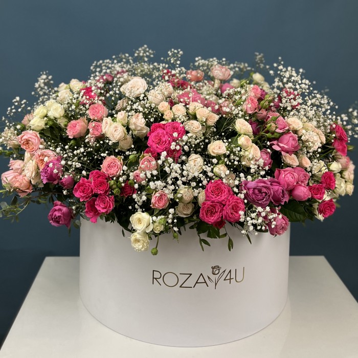 51 кустовая и пионовидная Роза с Гипсофилой в коробке нежный MIX