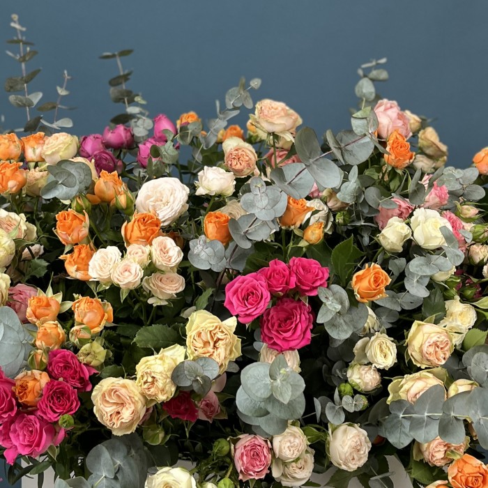 51 кустовая и пионовидная Роза в большой коробке яркий MIX