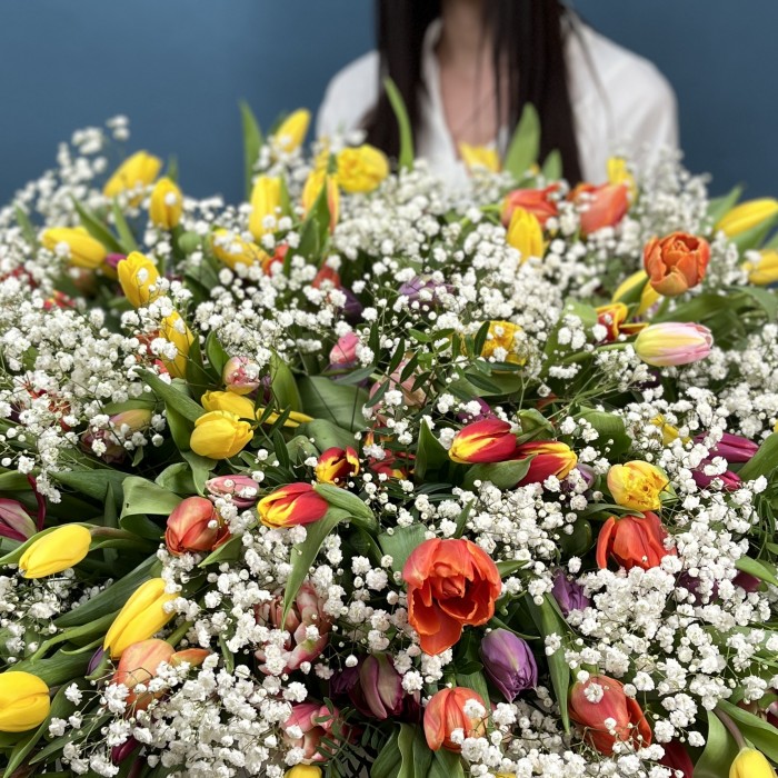 301 тюльпан микс с белой гипсофилой в коробке