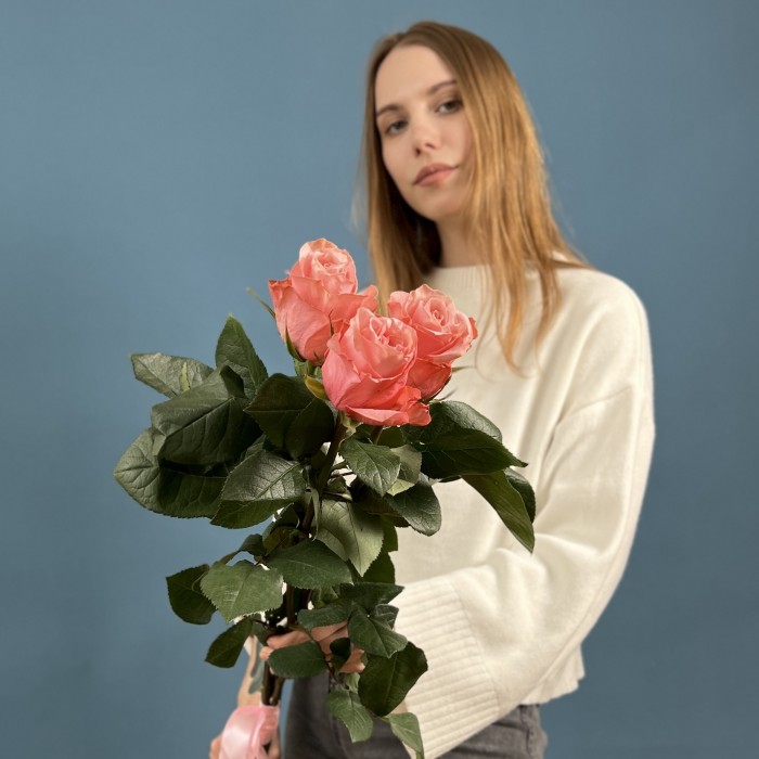 3 длинные розовые розы Би Свит 70 см