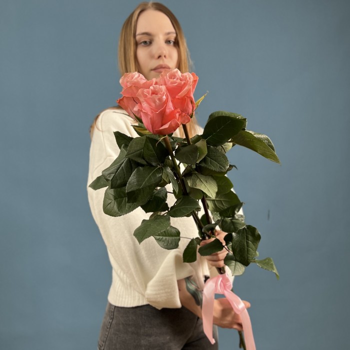 3 длинные розовые розы Би Свит 70 см