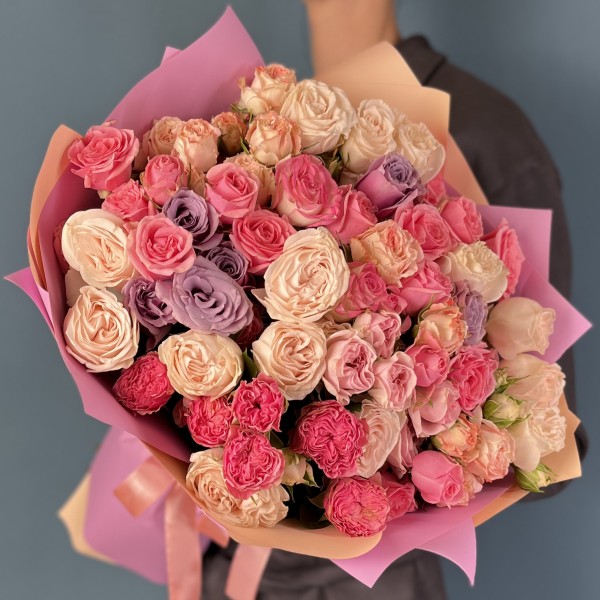 15 кустовых пионовидных роз микс 60 см