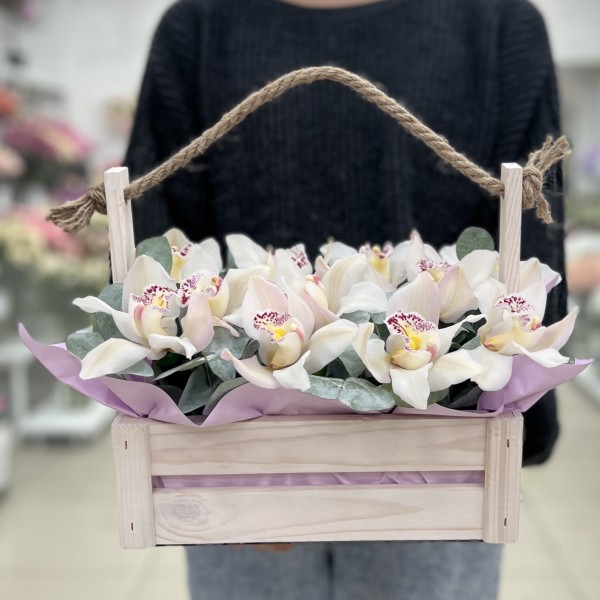 11 белых орхидей в деревянном ящике