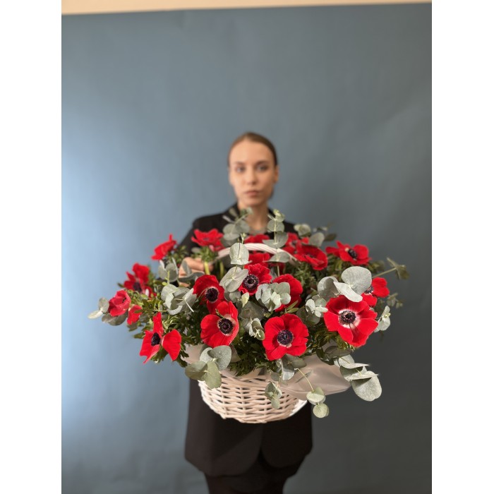 25 красных анемонов в корзине