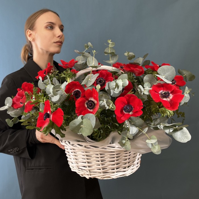 25 красных анемонов в корзине