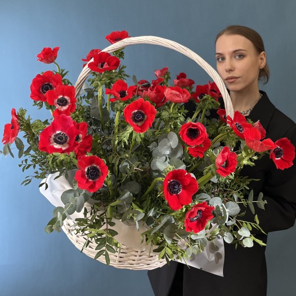35 красных анемонов в корзине