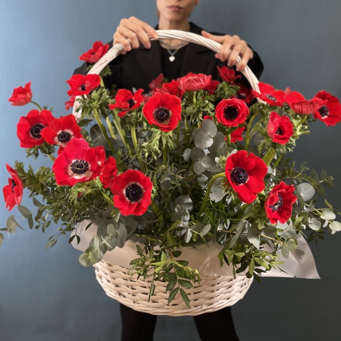35 красных анемонов в корзине