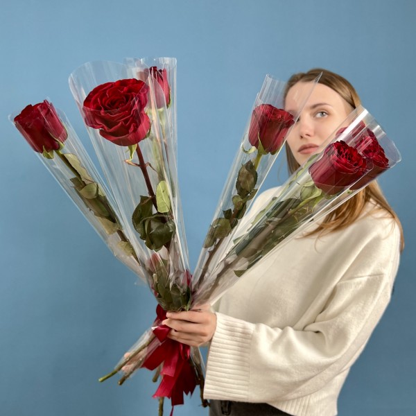 1 длинная красная роза Хартс 70 см