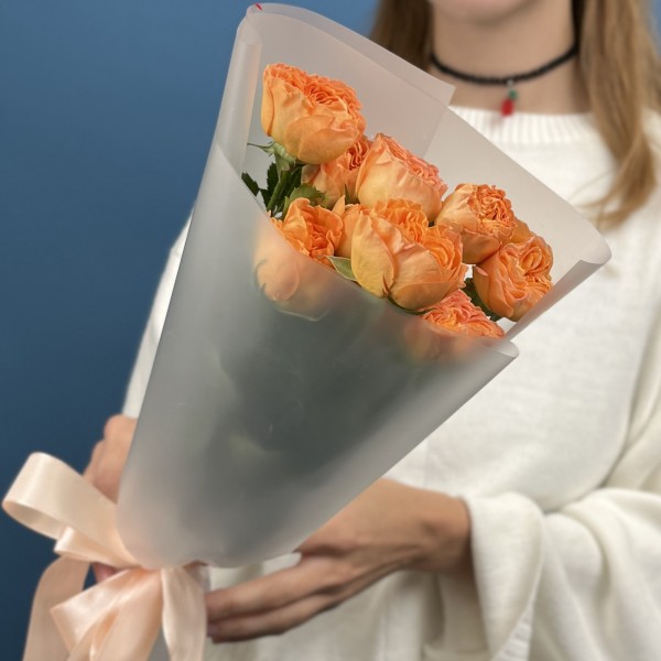 3 кустовые пионовидные розы Оранж Трендсеттер 50 см