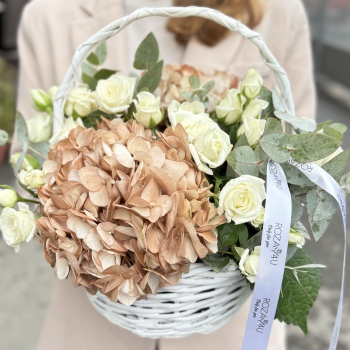 Гортензии капучино с кустовой розой в корзине