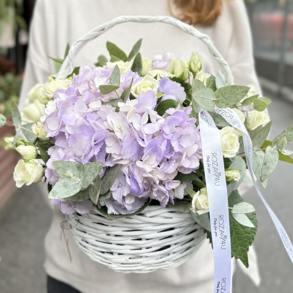 Лавандовые гортензии с кустовой розой в корзине