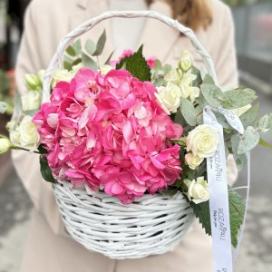 Малиновые гортензии с кустовой розой в корзине