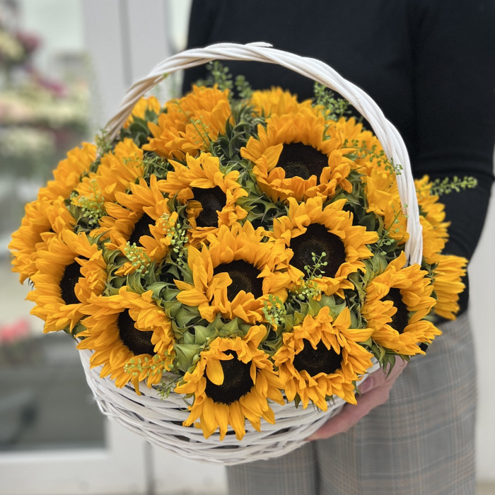 27 подсолнухов с гринбеллом в корзине