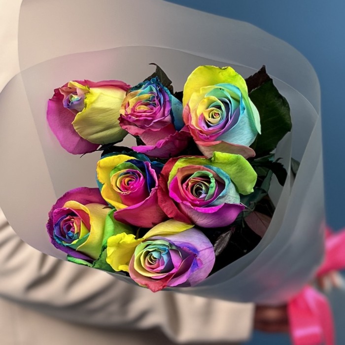 7 радужных роз 60 см